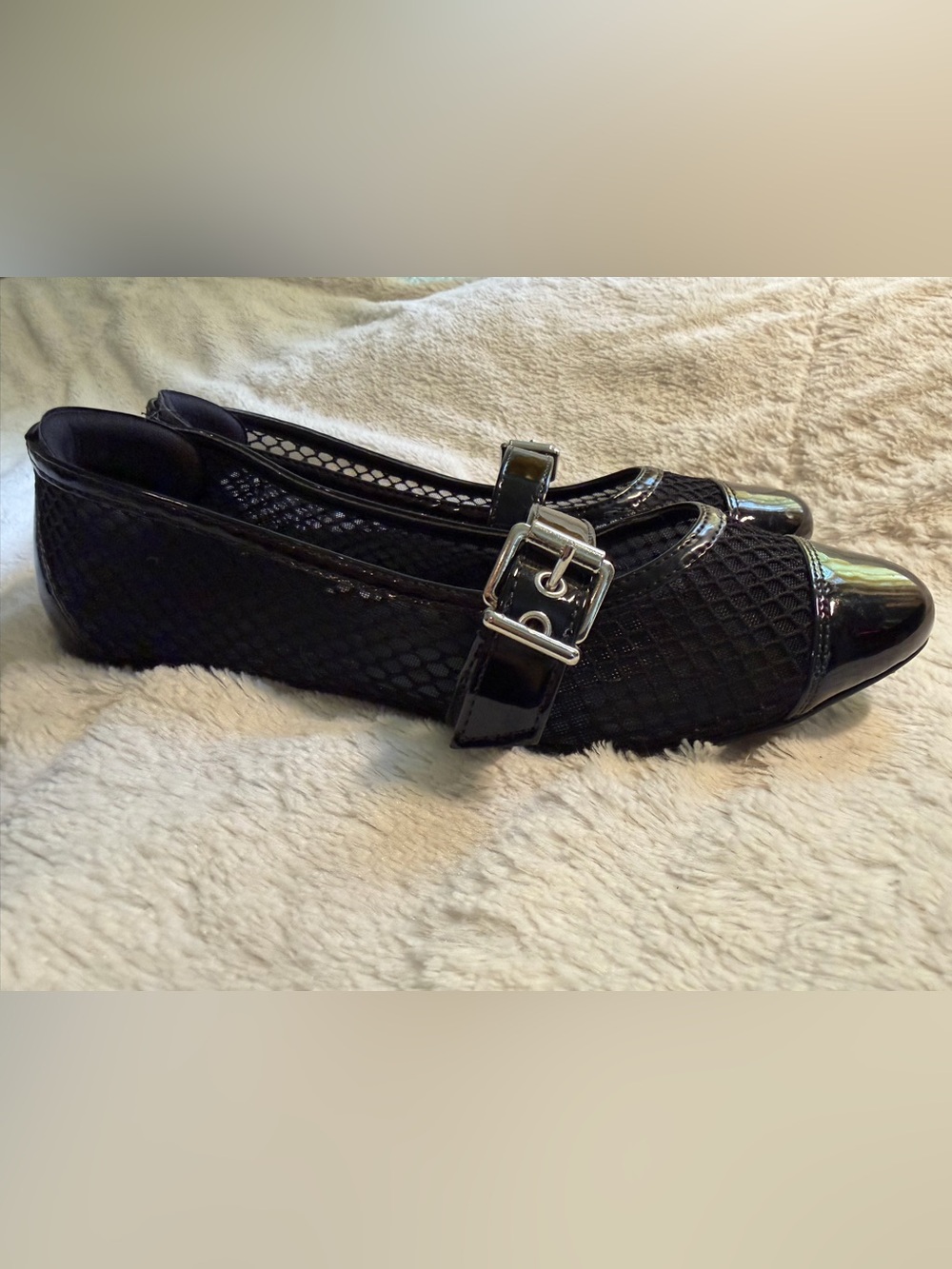 SCHUTZ Black Mesh Mary Jane Flats with Patent Toe and Buckle
